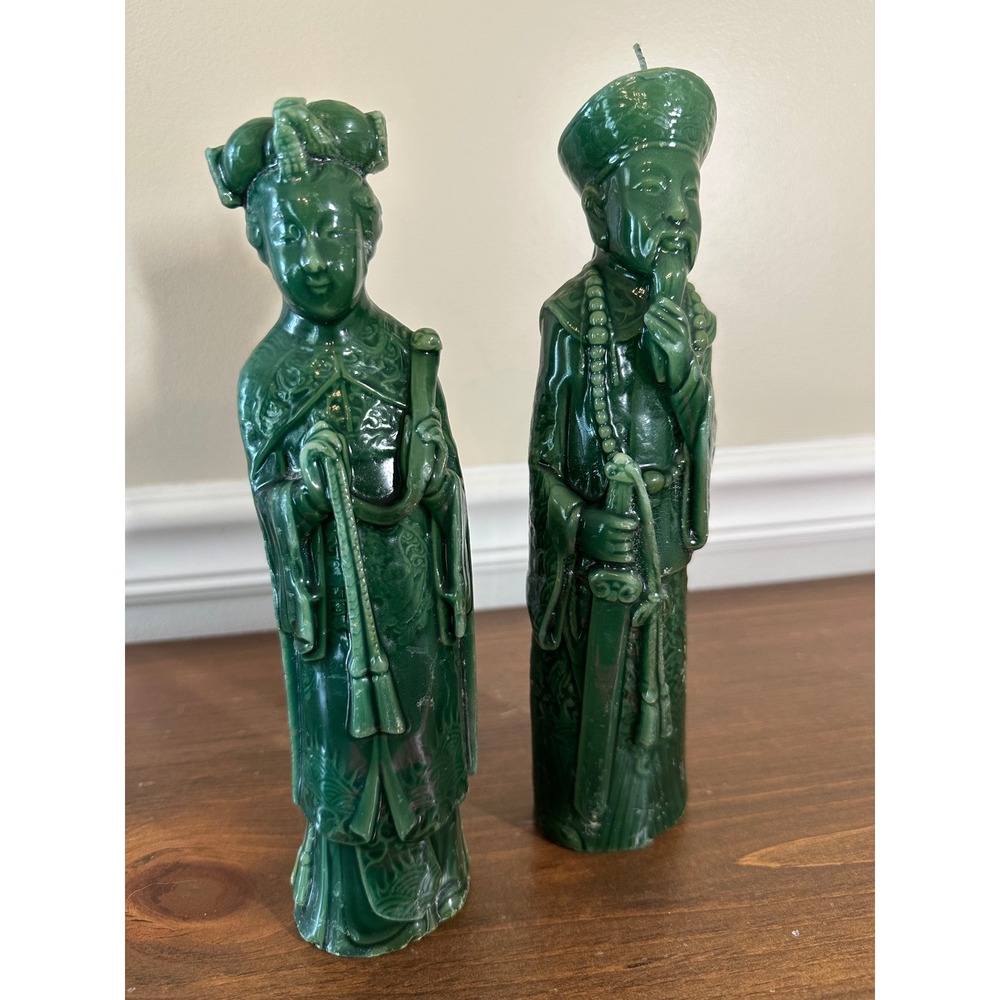 Vintage Chinese Emperor Empress Wax Figurine Candles Pair Green 9 Inch Decor